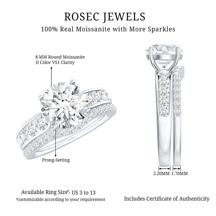 Certified 2 Carat Round Moissanite Engagement Ring with Wedding Band