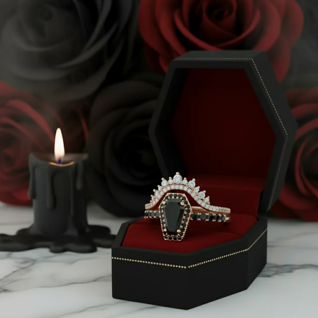 Best Love Rings- Rare Coffin Cut Diamond Option 14k Gold Gothic Ring Set